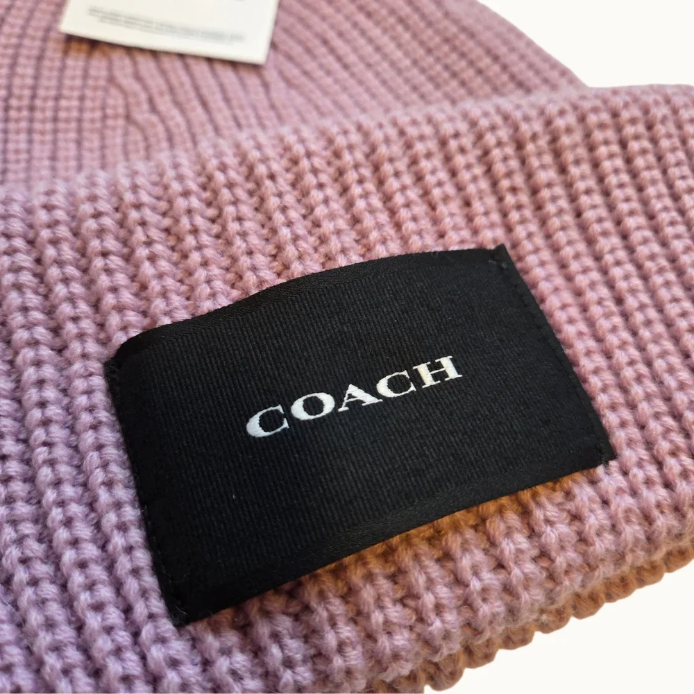 NWT Coach Faded Pink Ribbed Knit Beanie with Woven Logo Patch - Picture 2 of 5